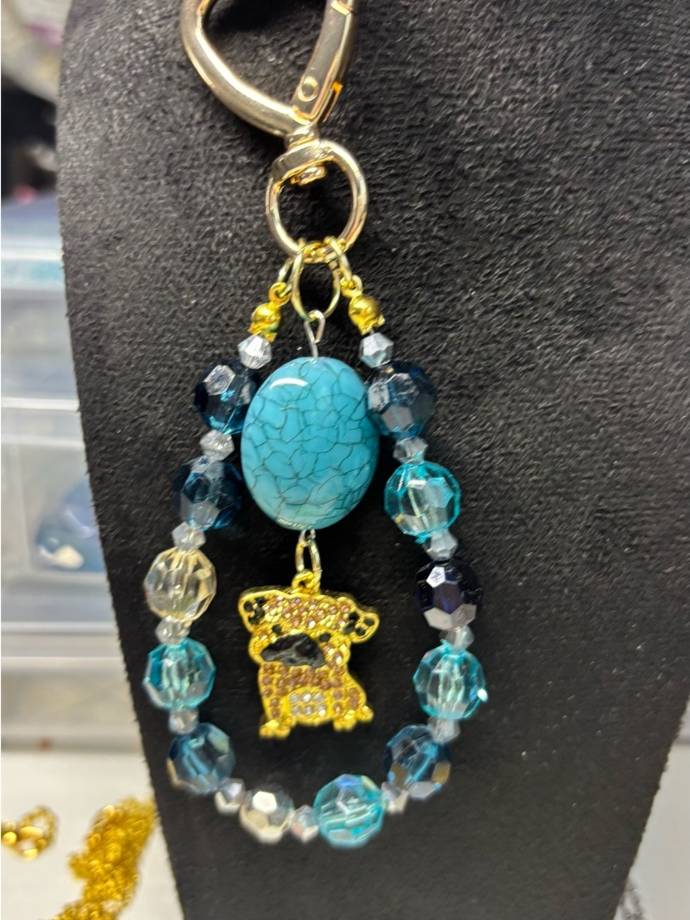 Turquoise Bead Keychain with Gold Puppy Charm